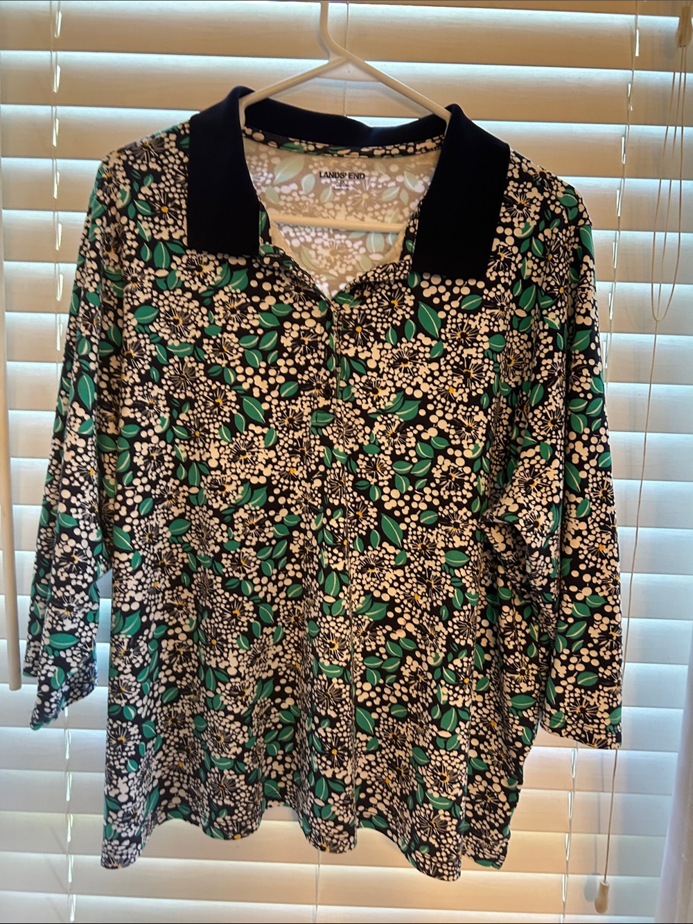 Lands' End Black Polo with Green and White Floral Print
